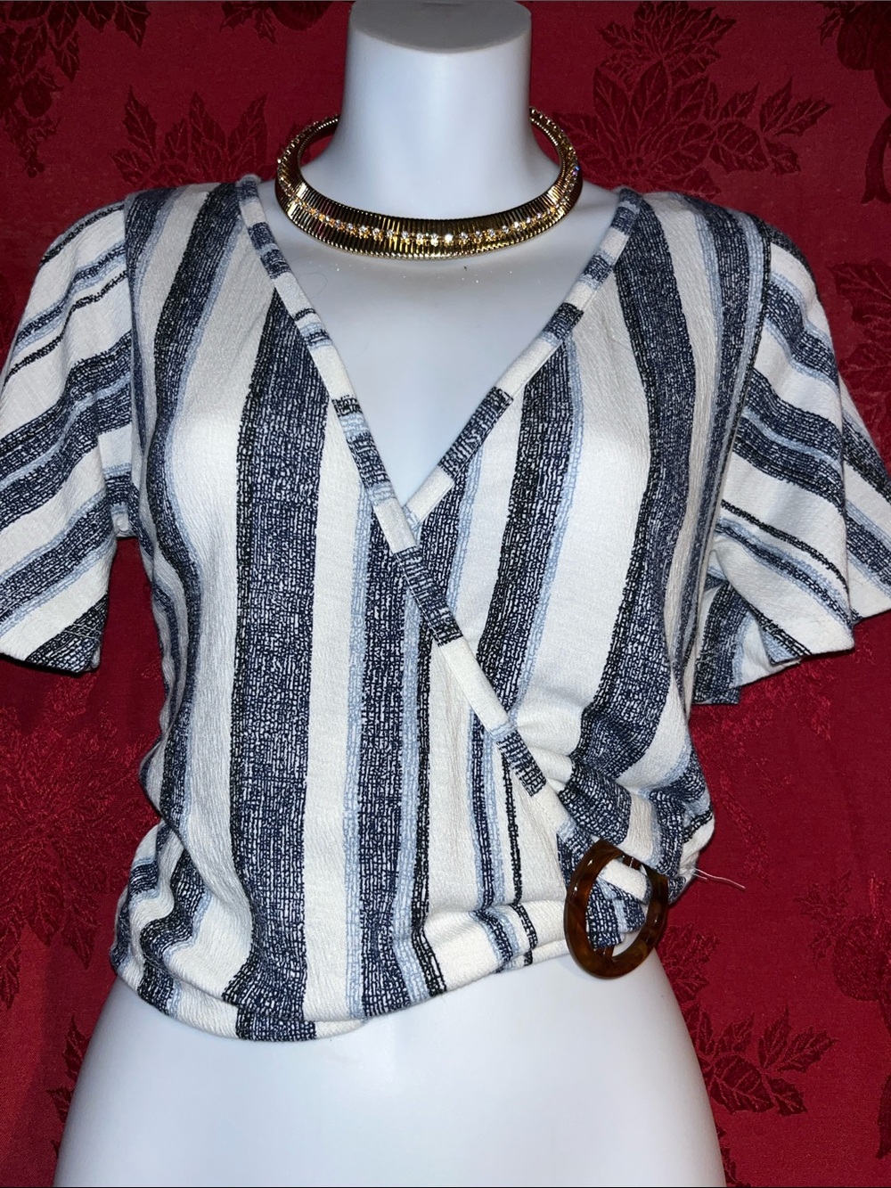 Striped V-Neck Wrap Women’s Top — White & Navy
